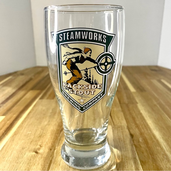 Steamworks Brewing Company Beer Glass 6 1/2” tall Skier Logo Retro Pilsner Glass - Picture 5 of 7